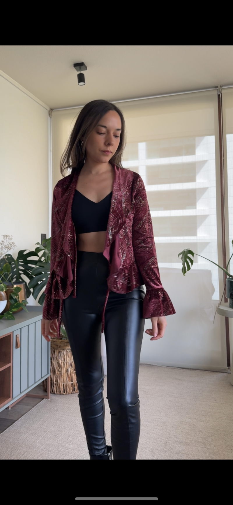 Polera/ Tapado terciopelo burdeo brillos