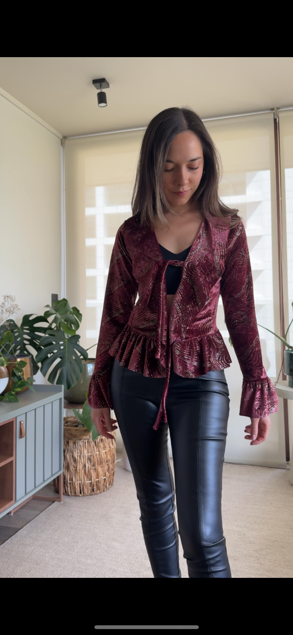 Polera/ Tapado terciopelo burdeo brillos